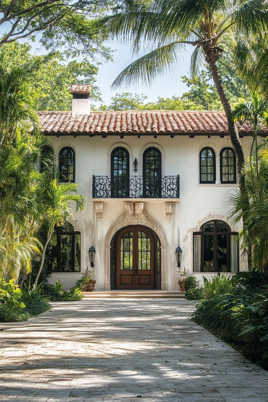 Mediterranean villa with arched windows and lush greenery