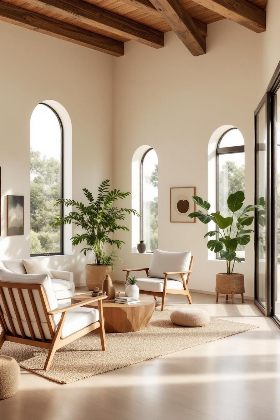 Bright room with wooden beams and arched windows