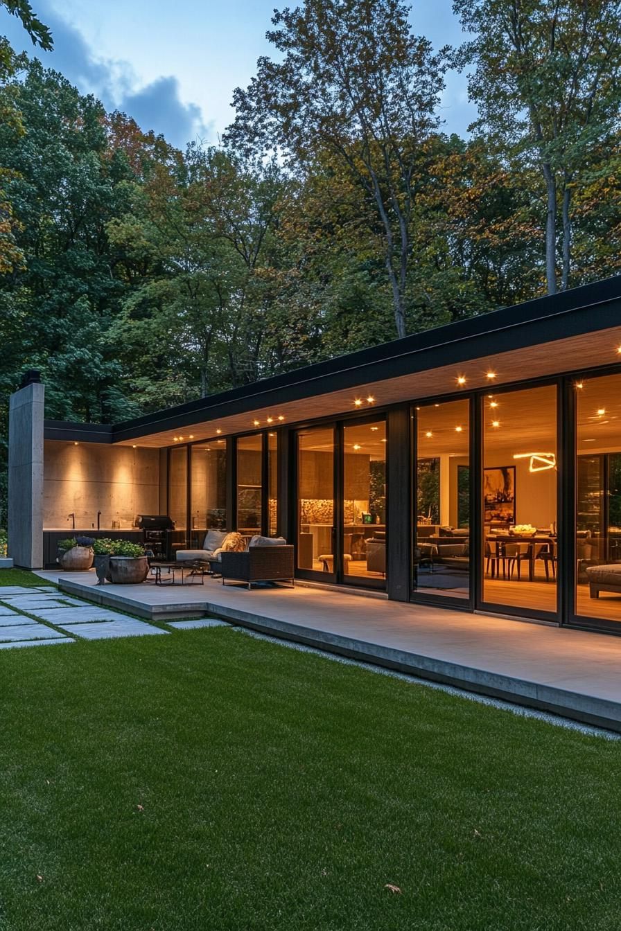 Modern long house with glass walls illuminated in the evening, surrounded by trees