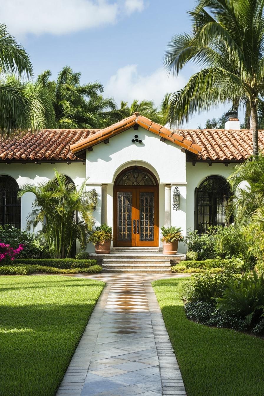 Charming white bungalow with a red-tiled roof surrounded by lush greenery