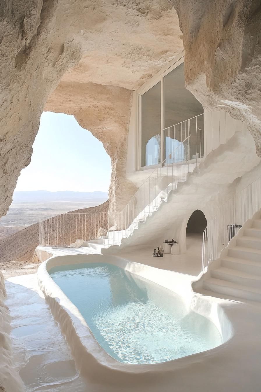 desert cave home with whitewashed walls center pool stairs with glass railings windows overlook desert and distant sea 1