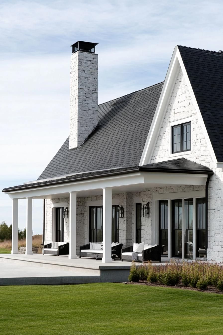 Charming white stone house with black roof and spacious porch