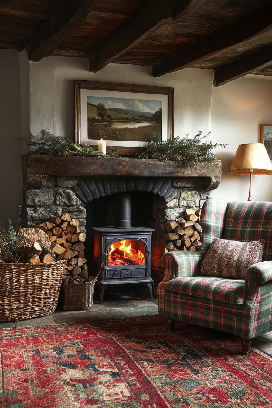 Cozy stone fireplace with woodburning stove and plaid armchair