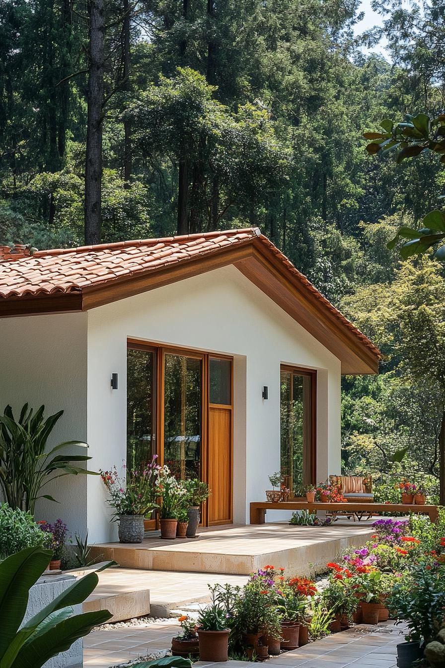 Cozy small cottage surrounded by greenery