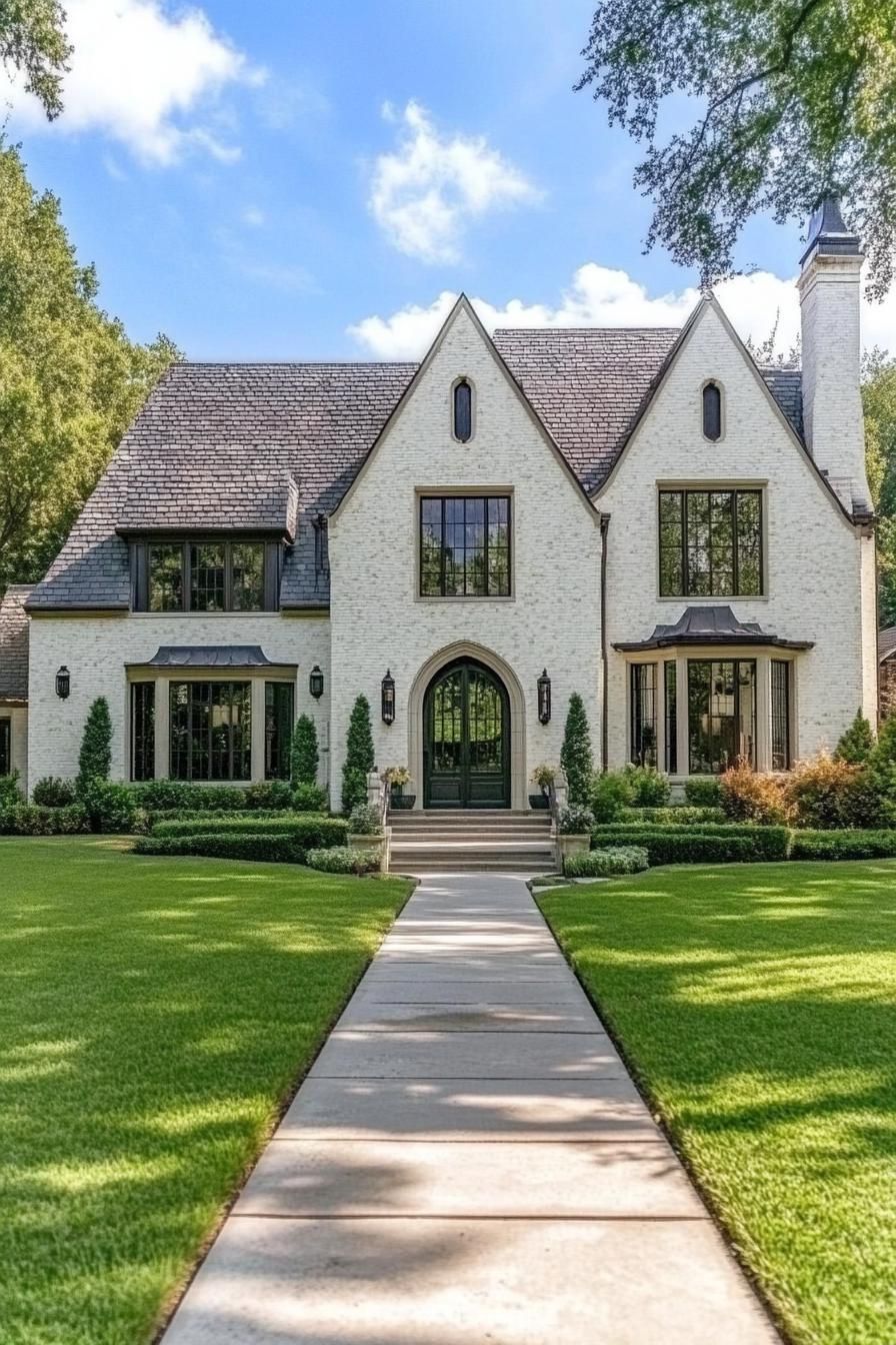 Modern Tudor house with a lush green lawn