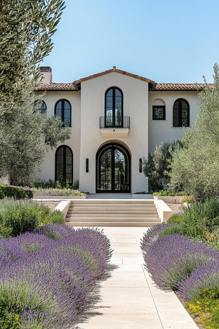 Elegant Mediterranean house with lavender-lined pathway