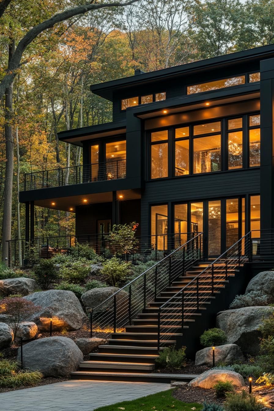 modern split level home with stairs to porch LED lit steps boulders on slope black house siding modern black roof black metal railings v 6.1