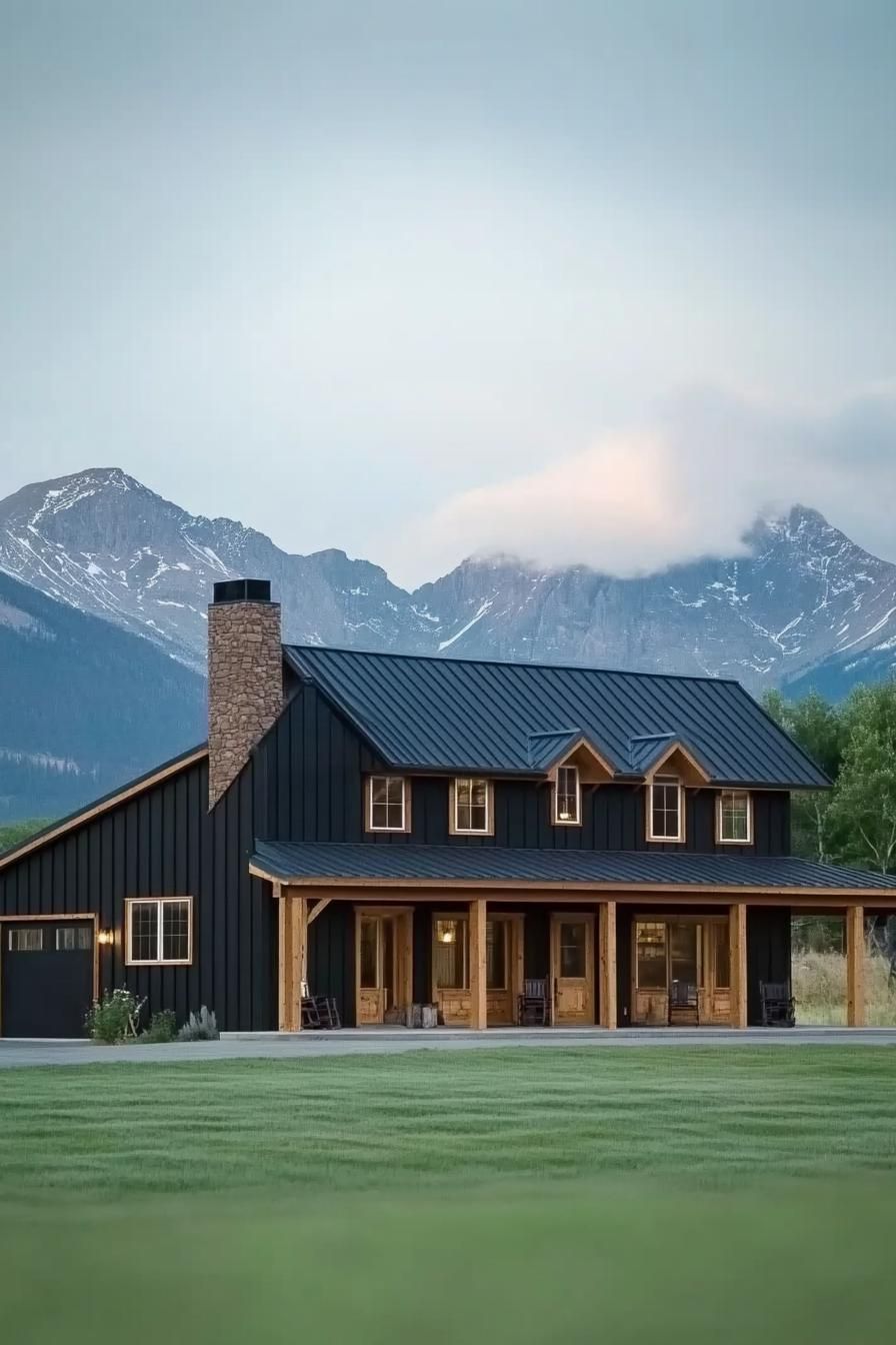 black shouse barndominium with cedar doors and exposed beams large porch chimney majestic mountains in the background