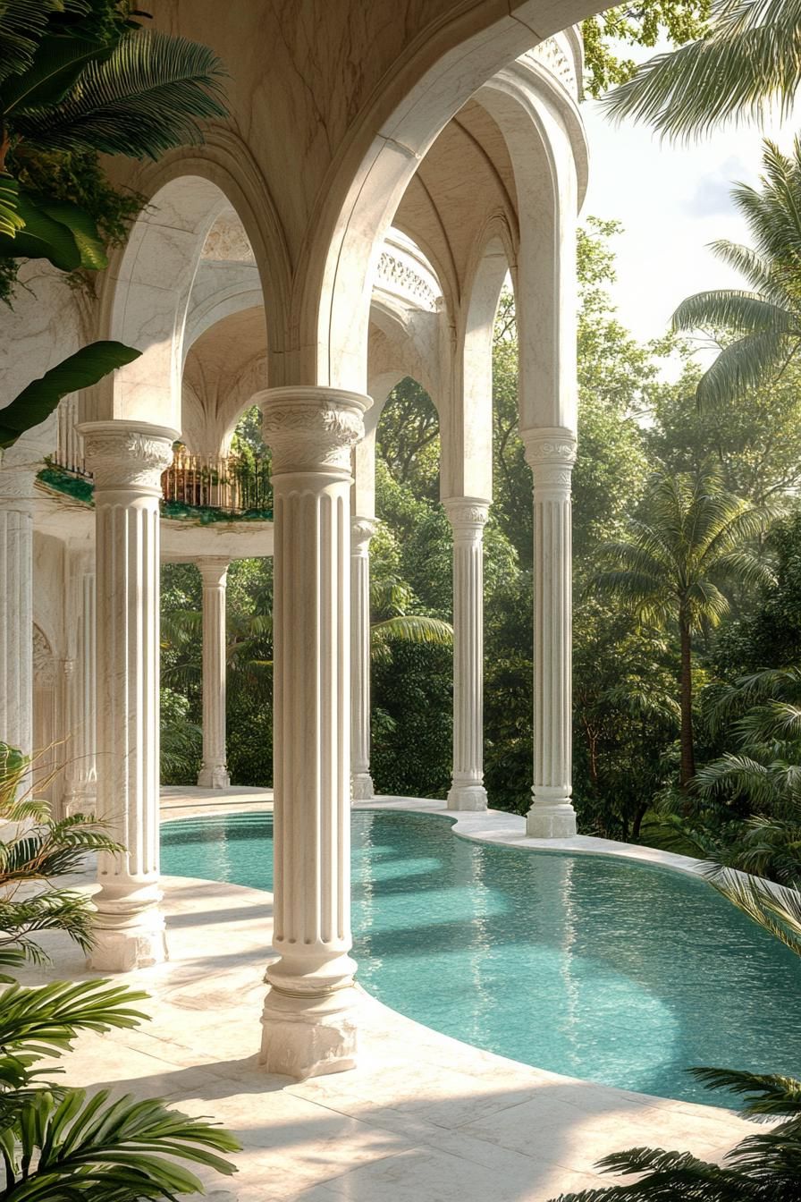 tall white marble arches and columns around a large curvy pool surrounded with lush green plants palms dreamscape architecture 1