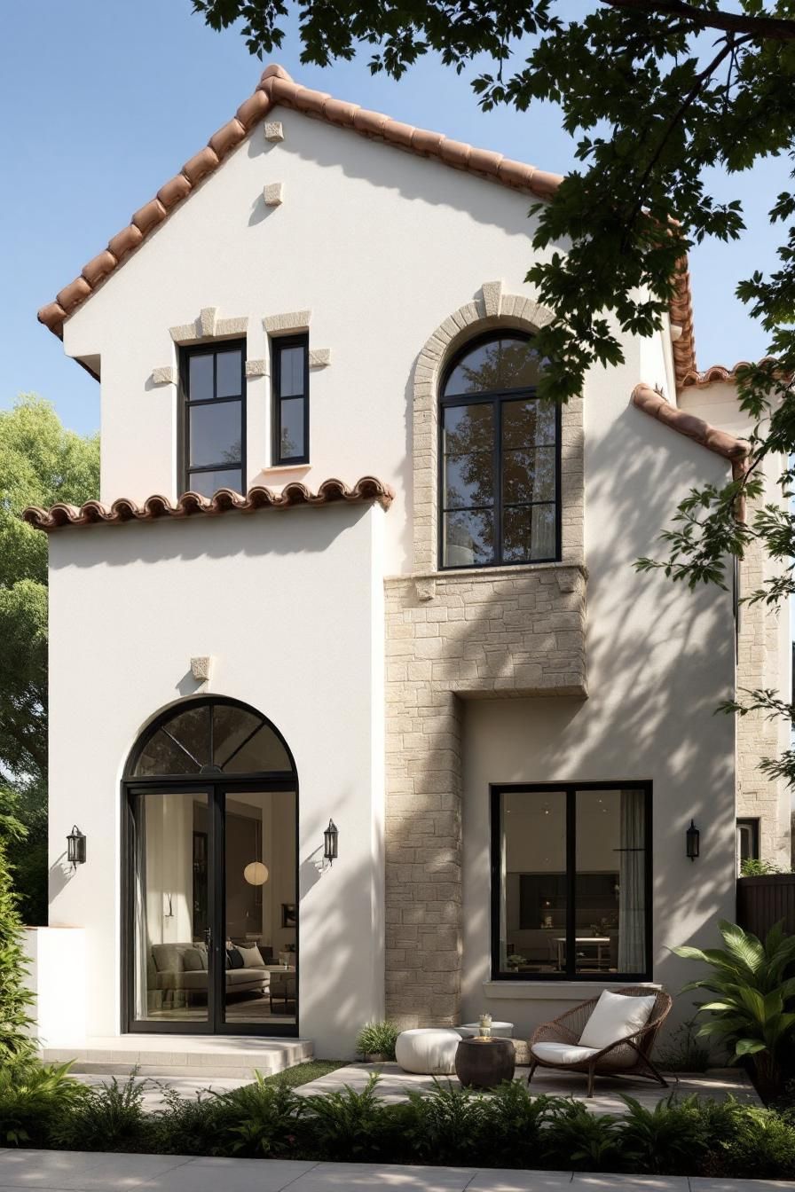 Elegant townhome with terracotta roof and arched windows