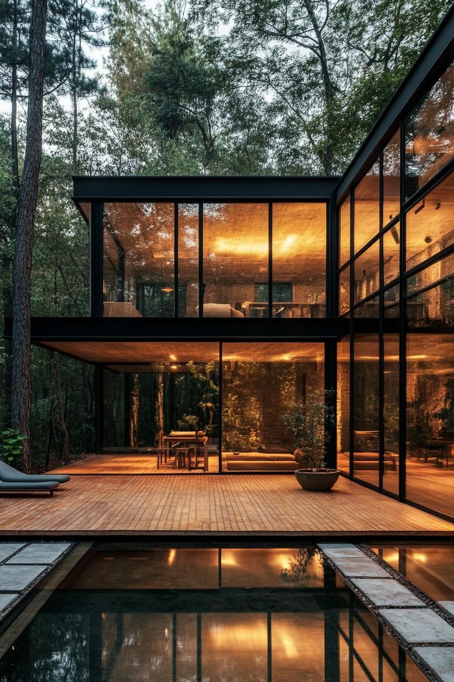 Modern glass house with warm lighting in a forest setting