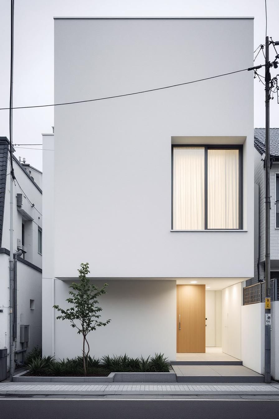 Minimalist house with a wooden door and a small garden