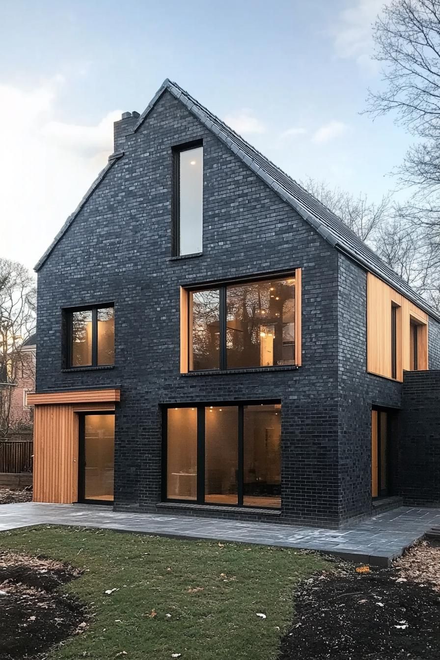 Modern barn house with dark brick exterior and large windows