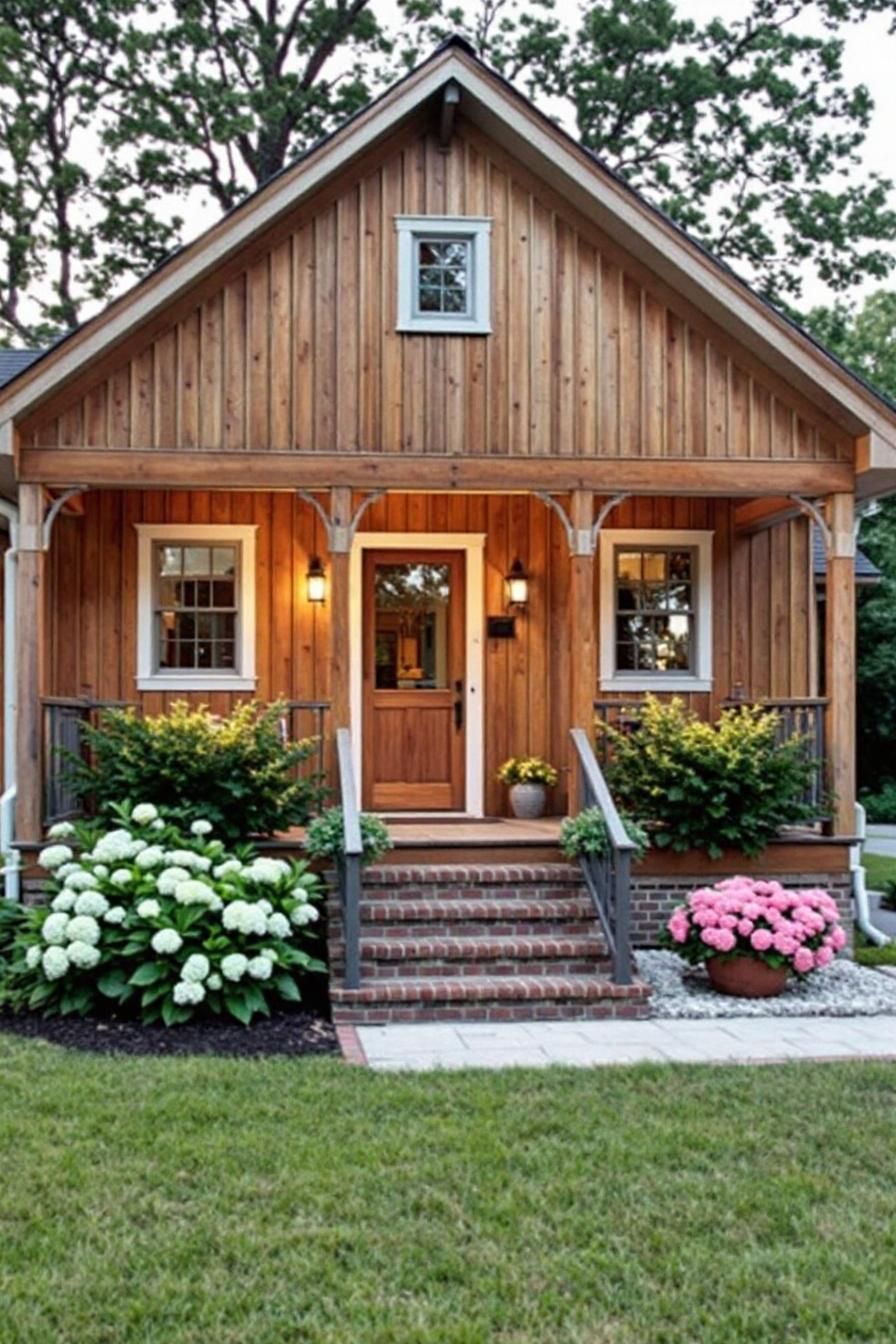 Charming wooden cottage surrounded by flowers