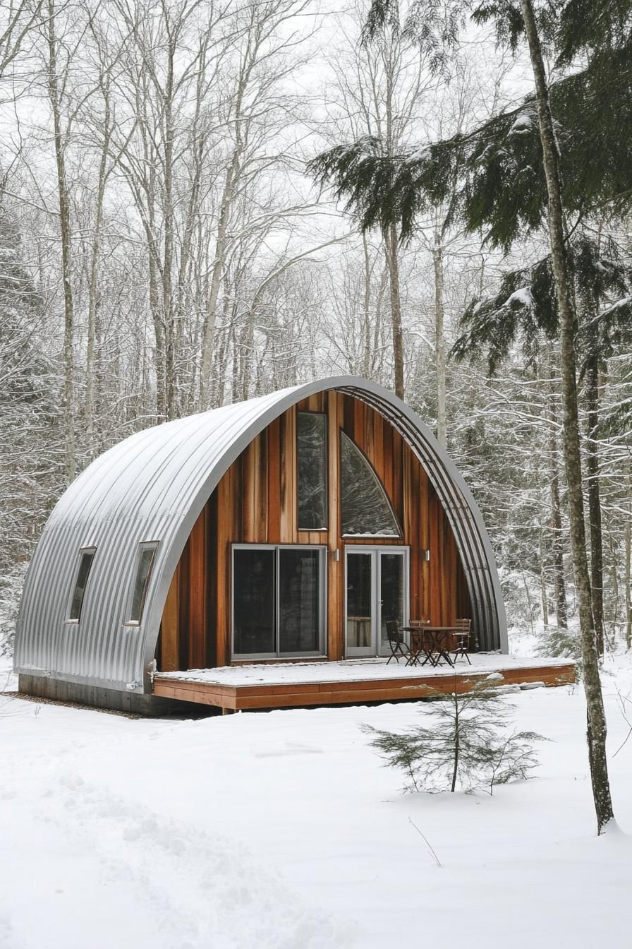 Small arched cabin in the snowy woods