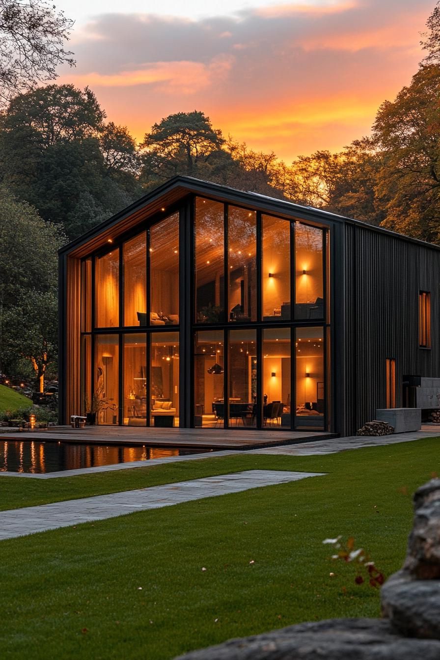 Modern barn house with expansive glass facade at sunset