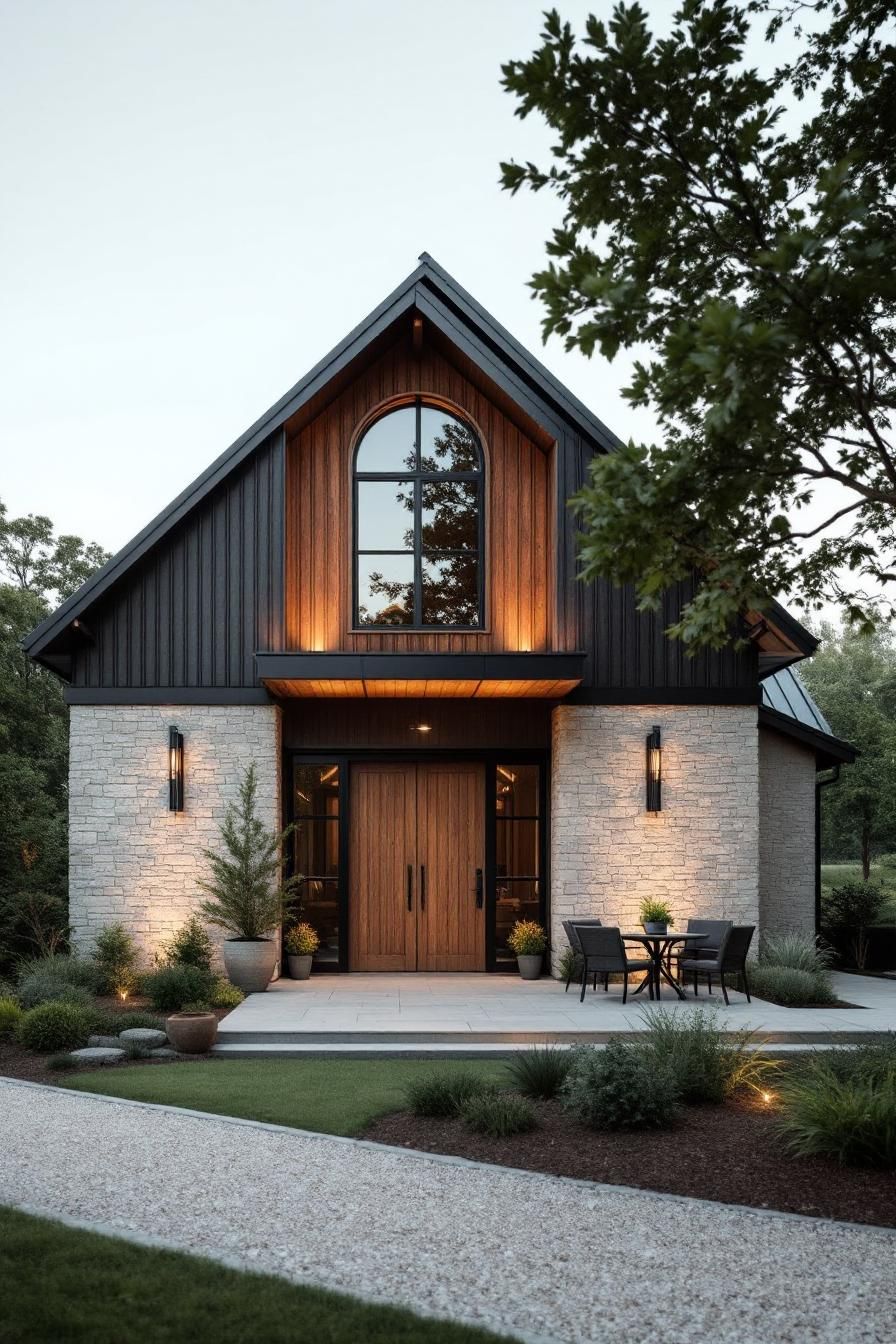 Chic barndominium with a stone facade and lush greenery