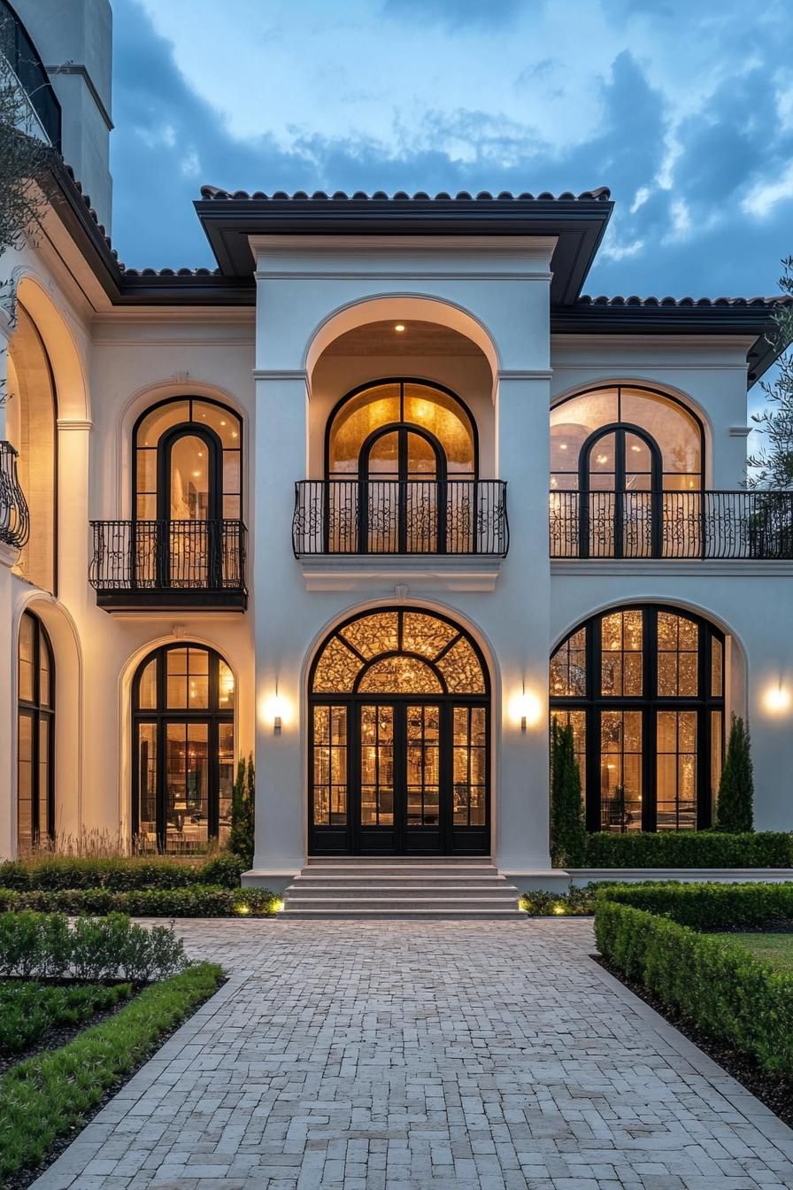 Contemporary Spanish villa with large arch windows and balconies