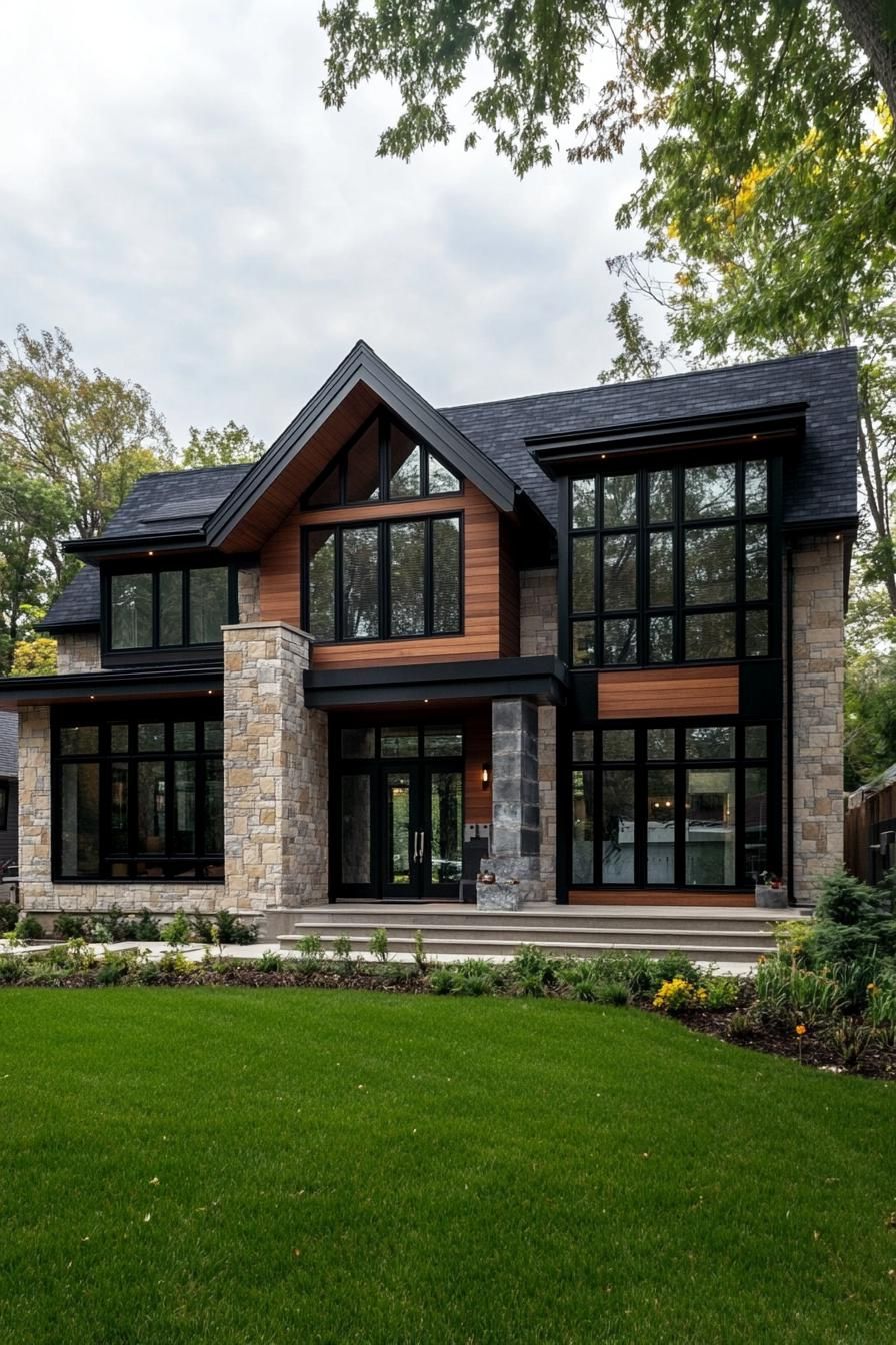 Modern house with large glass windows and lush green lawn