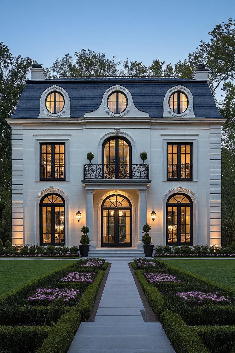 Elegant white house with arched windows and manicured gardens