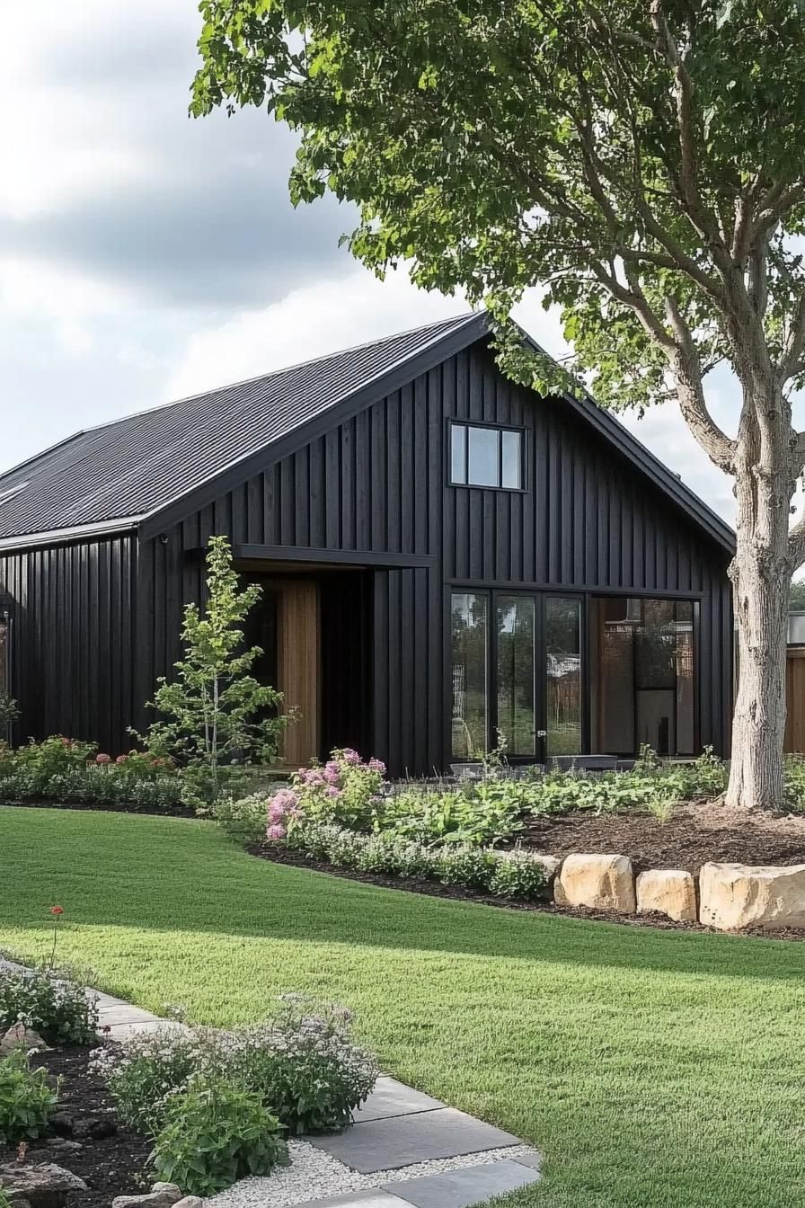 Modern black barn house with green lawn and garden