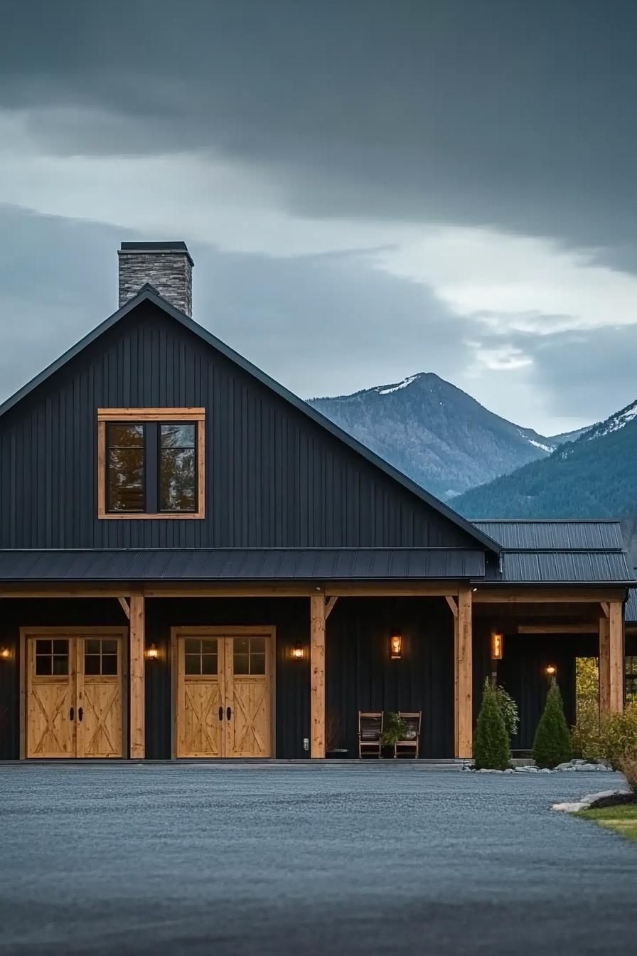 black shouse barndominium with cedar doors and exposed beams large porch chimney majestic mountains in the background 2