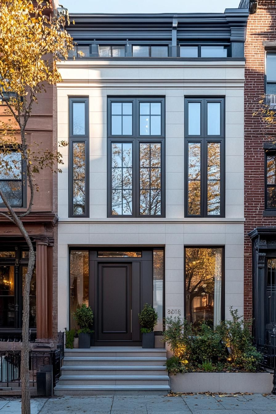 Modern townhouse facade with large windows and plants