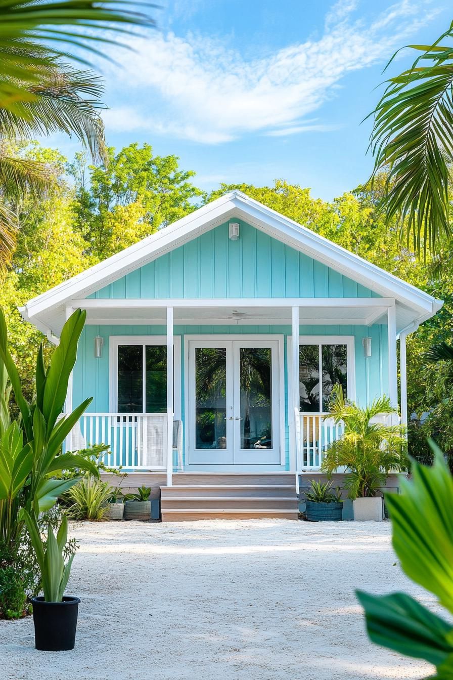 Small blue beach house with a front porch