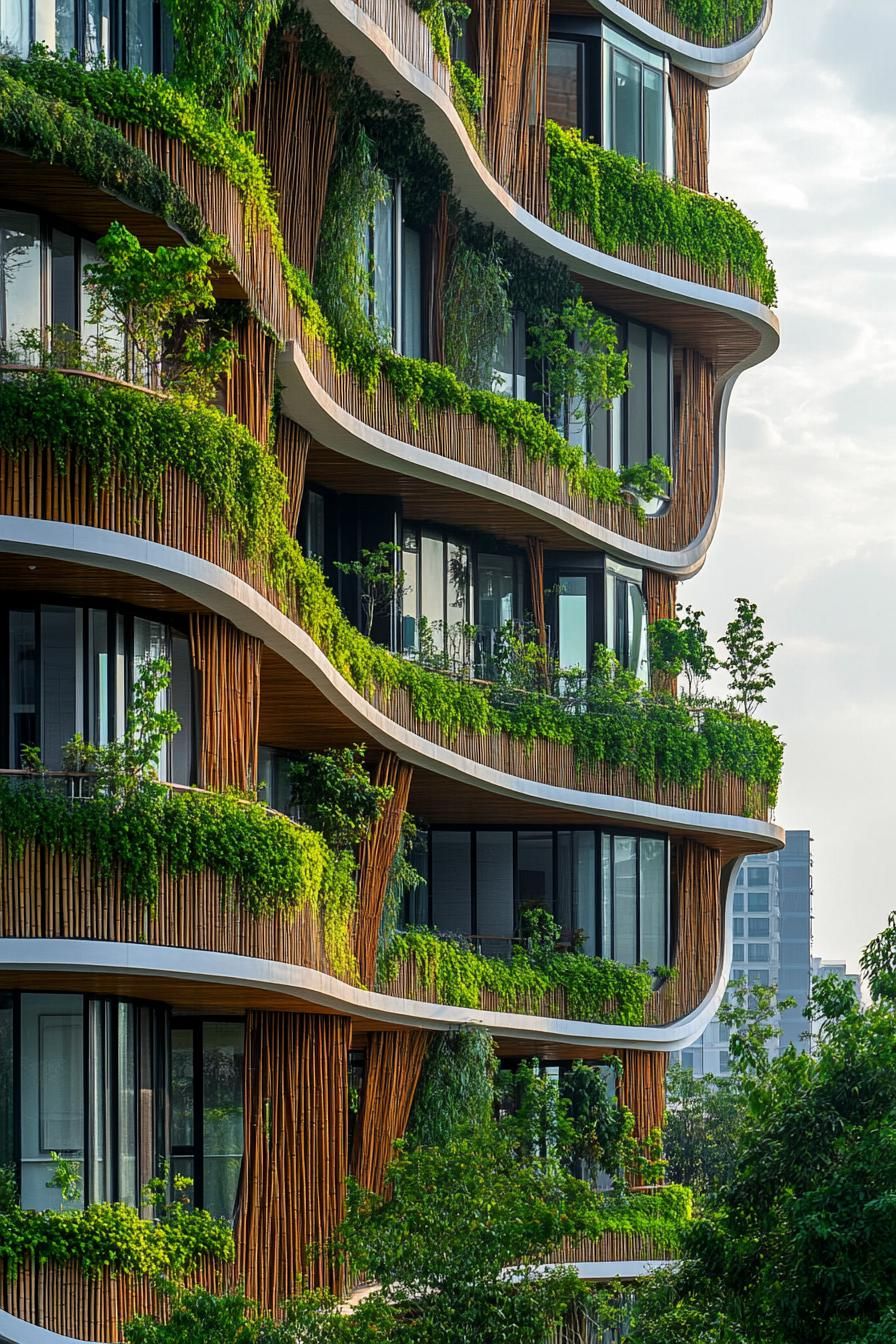 curved modern residential building with bamboo details and green living wall sections