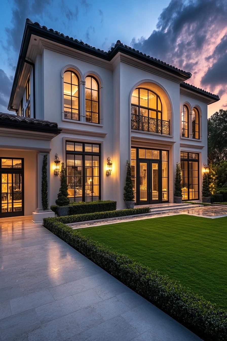 Elegant luxury home with glowing lights and a manicured lawn