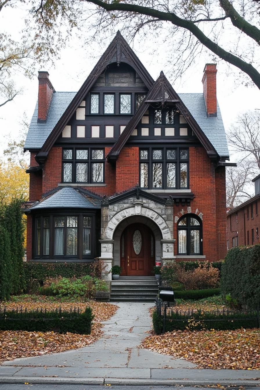 Charming brick house with pointed roofs and elegant windows