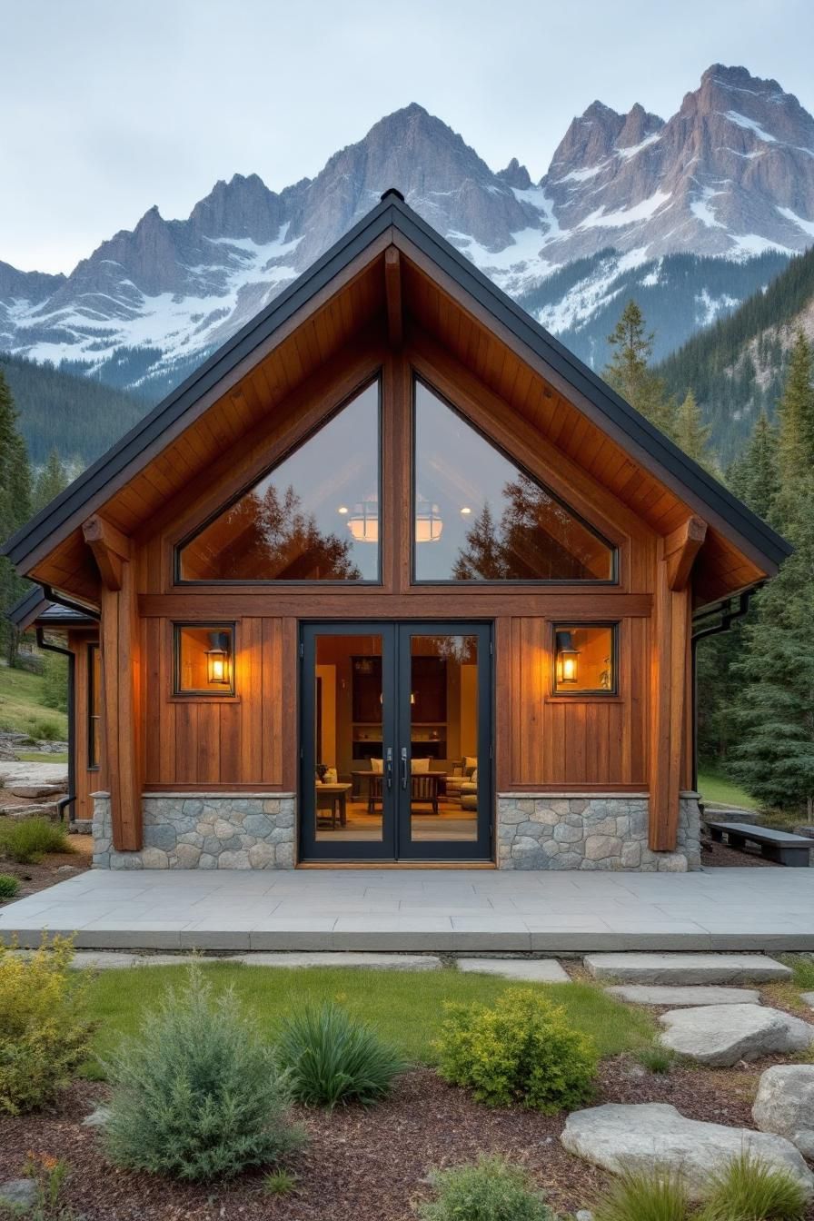 Wooden cabin with mountain view backdrop