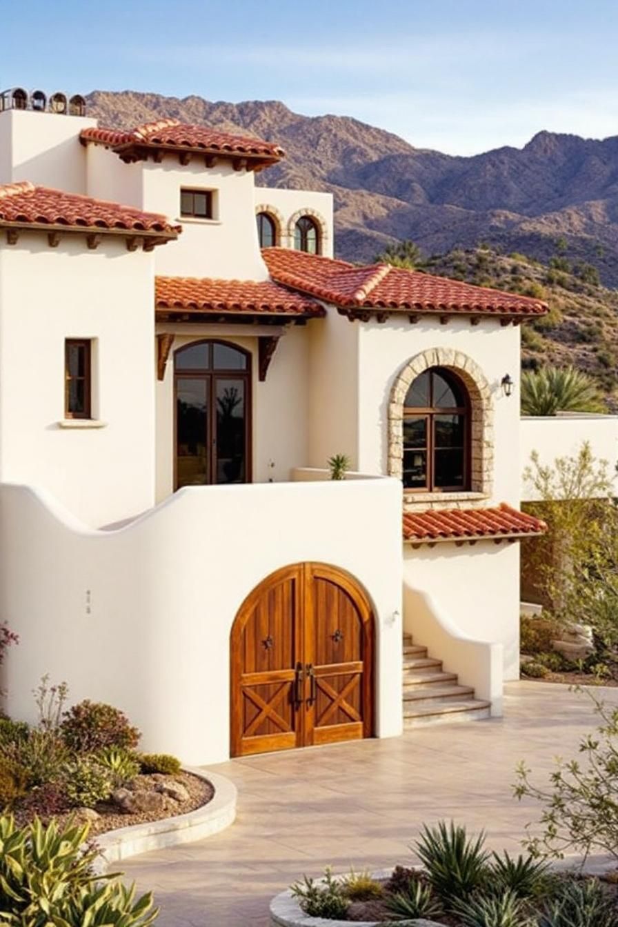 Exterior view of a Mediterranean-style house with arched windows and terracotta roof