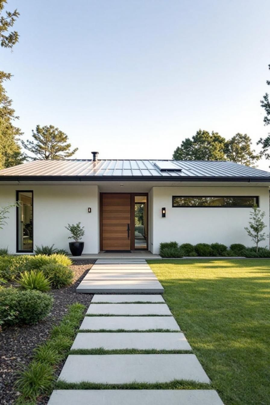 Modern single-story home with a metal roof and a stone pathway