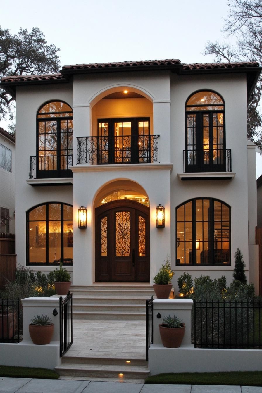 Elegant Spanish villa with symmetrical arches and warm lighting