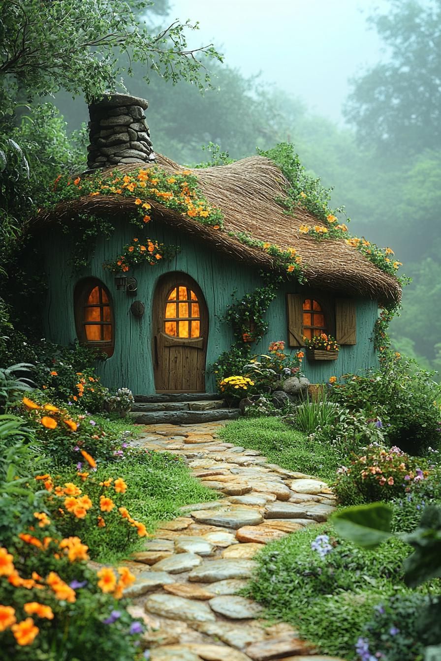 Tiny whimsical house with a thatched roof and blooming plants