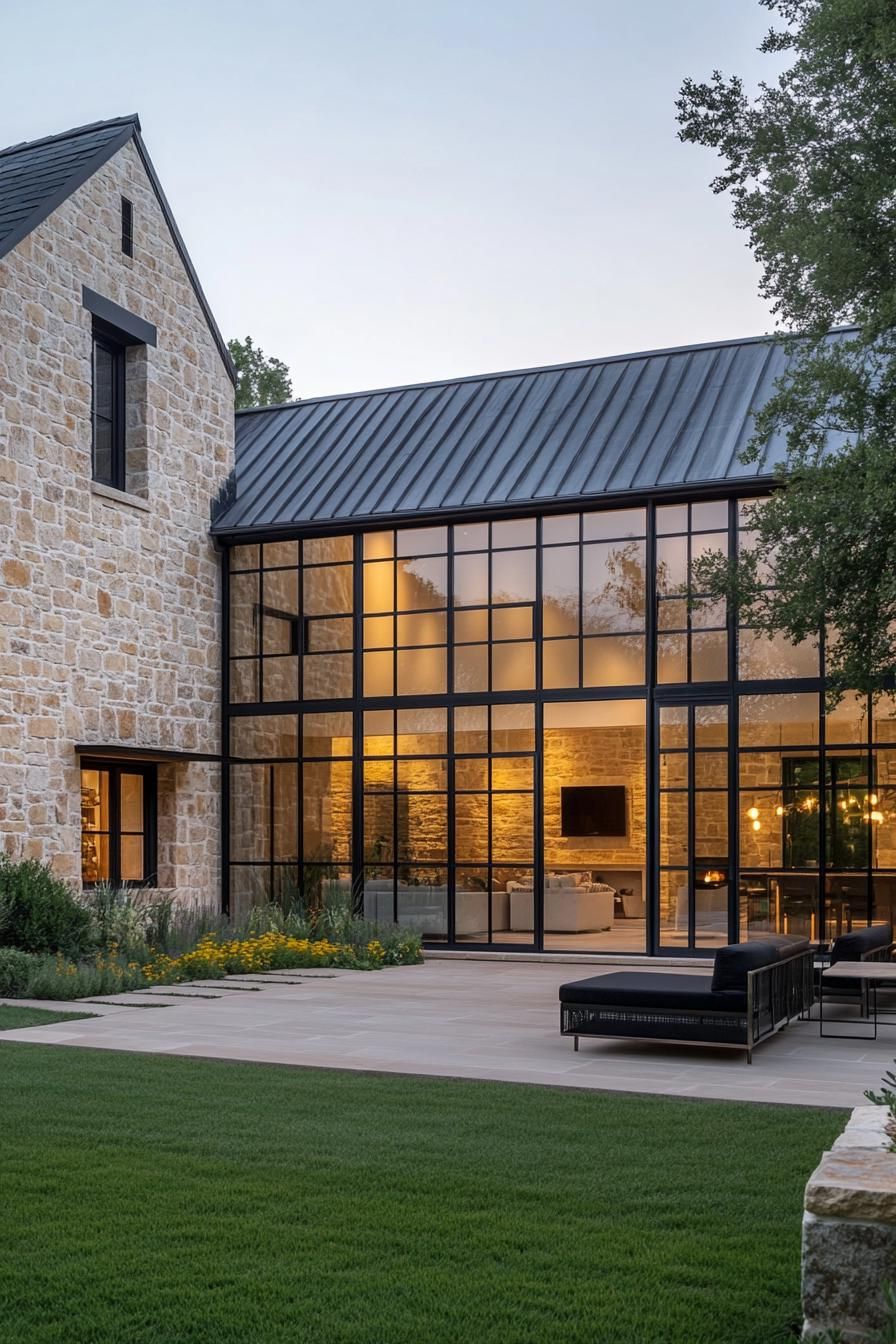 Modern stone barn with large windows and lush lawn