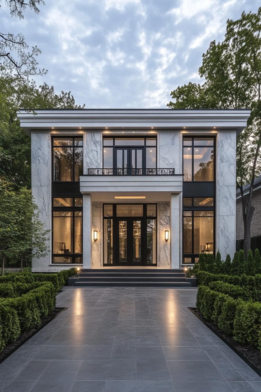 Modern house with large glass windows and marble facade