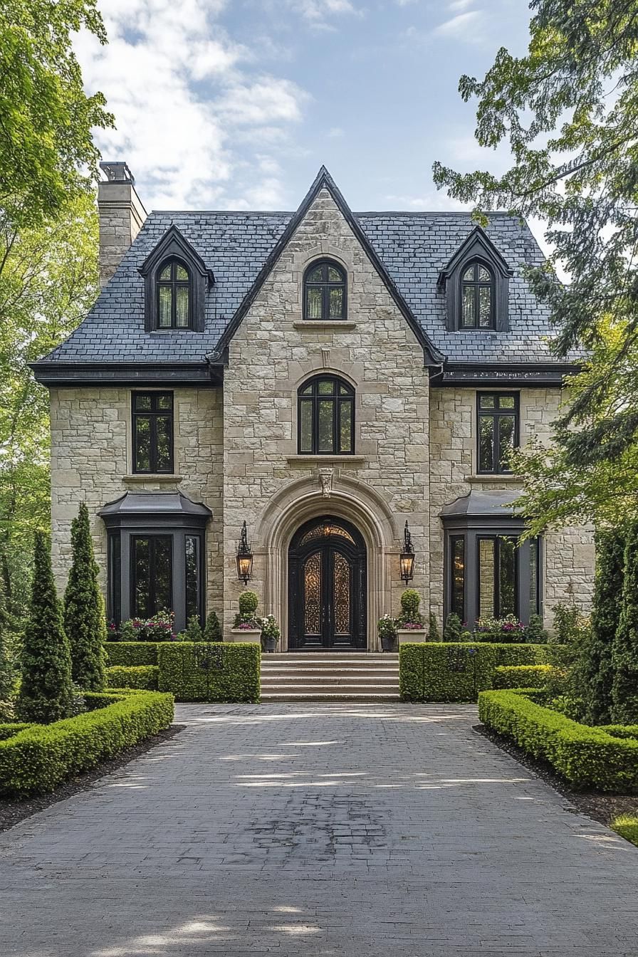 Elegant stone house with arched windows and lush greenery