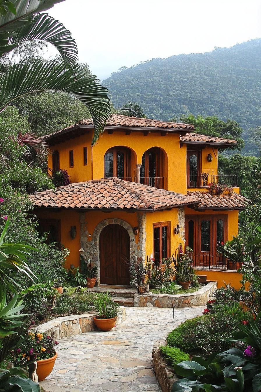 Vibrant yellow Mexican house surrounded by lush greenery