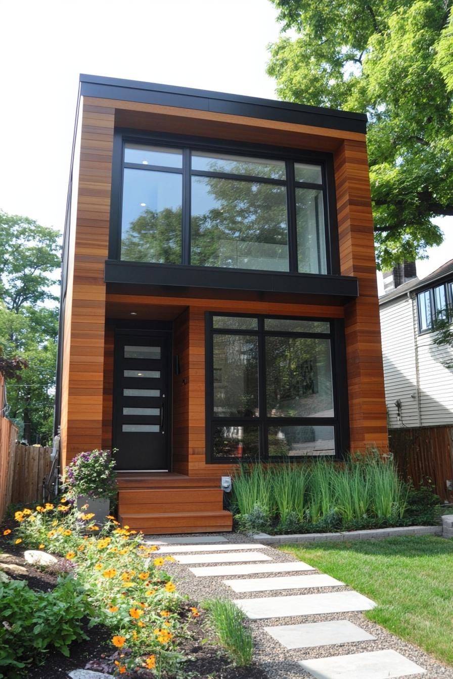 narrow modern 2 story tiny house with gemetric facade and reclaimed wood siding modern geometric windows in black trim lush front garden with