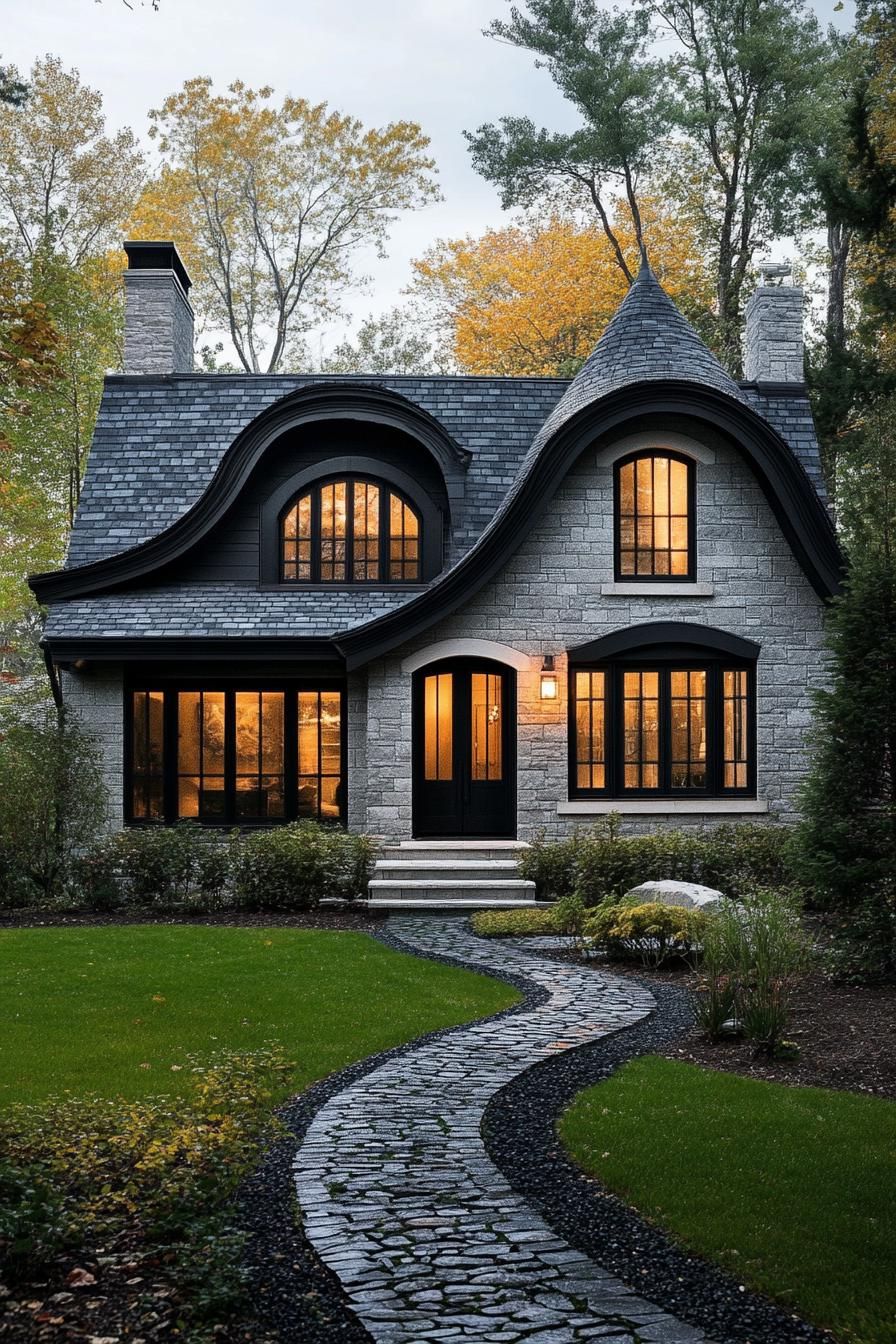 Charming stone house with rounded roof and glowing windows