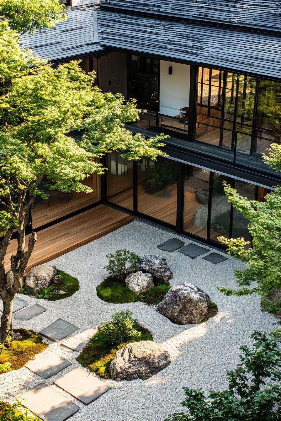 A Japanese courtyard with glass walls and a gravel garden