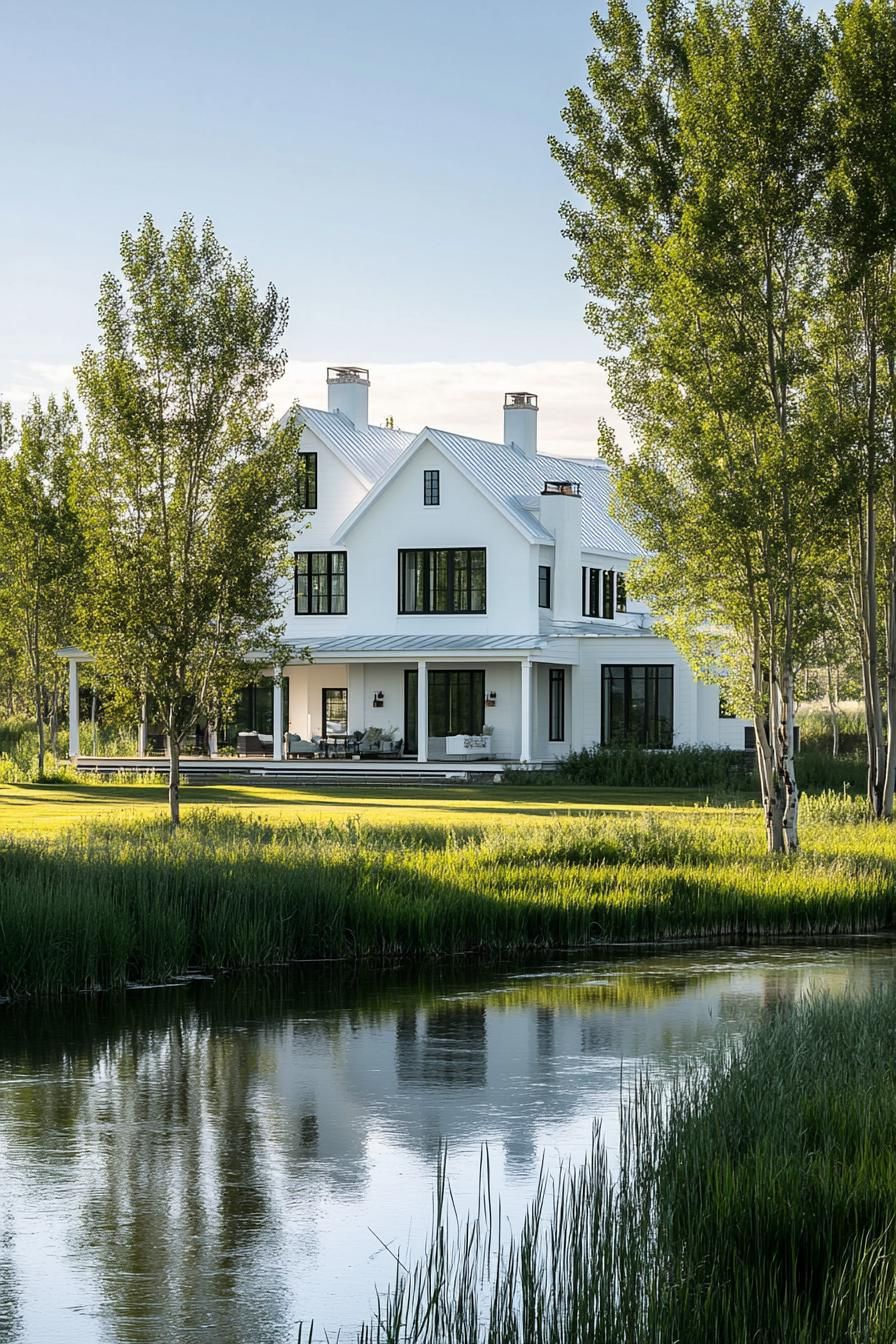 Elegant white mansion near a calm pond