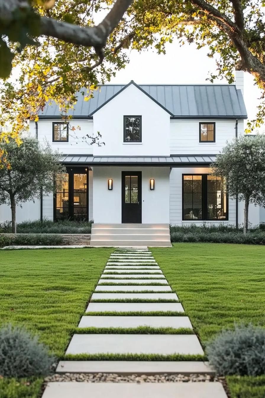 Modern house with Gothic architectural features amidst lush greenery