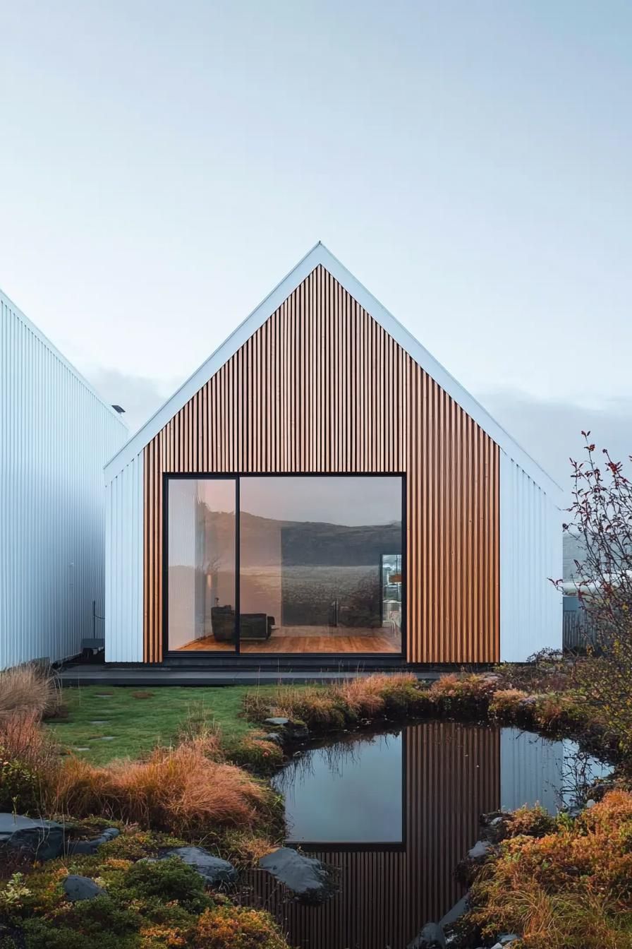 Facade of modern house with triangular roof and wood design