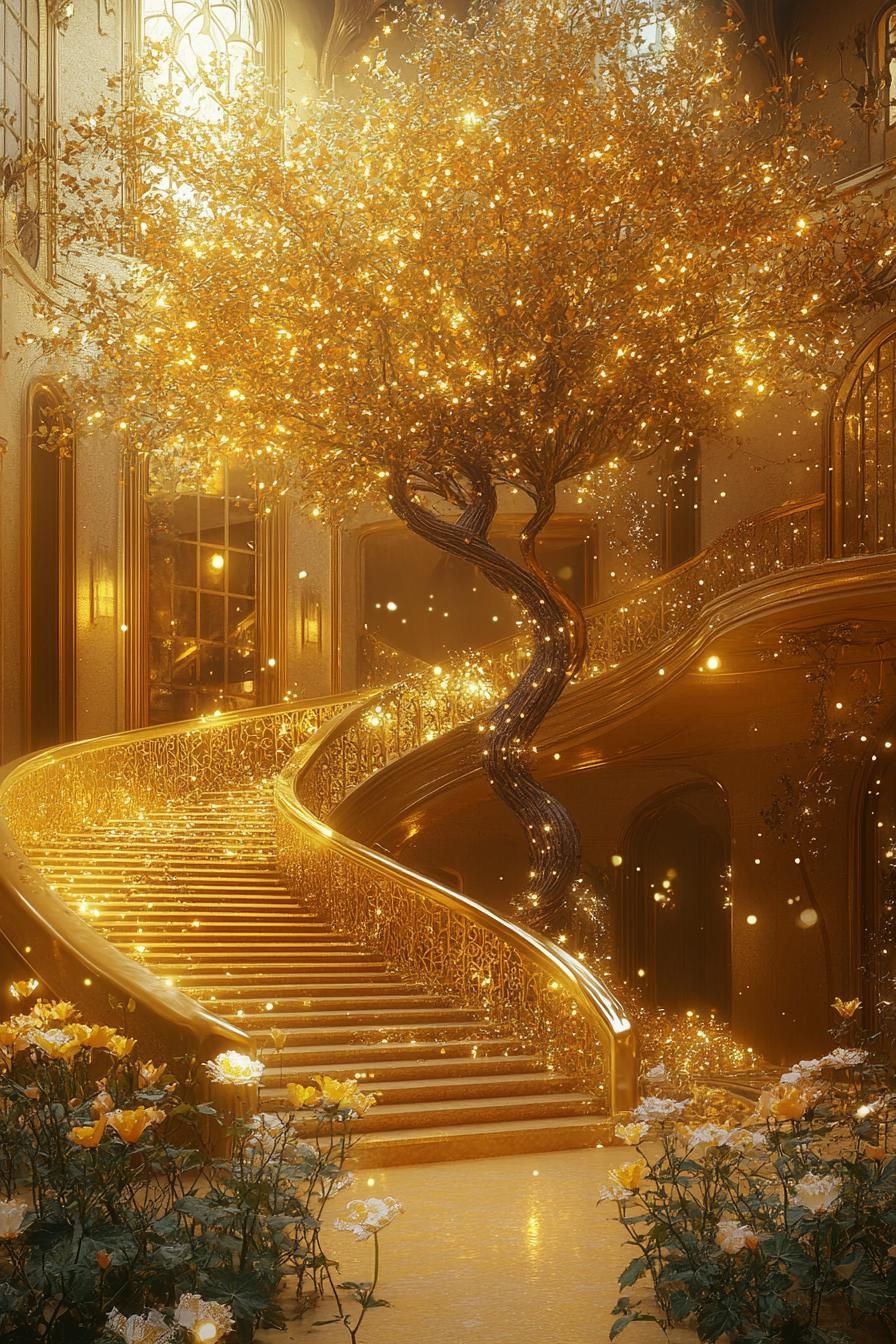 futuristic dreamscape of a golden courtyard with a large tree in the middle with fairy lights there are curved stairs from both sides of the tree 1