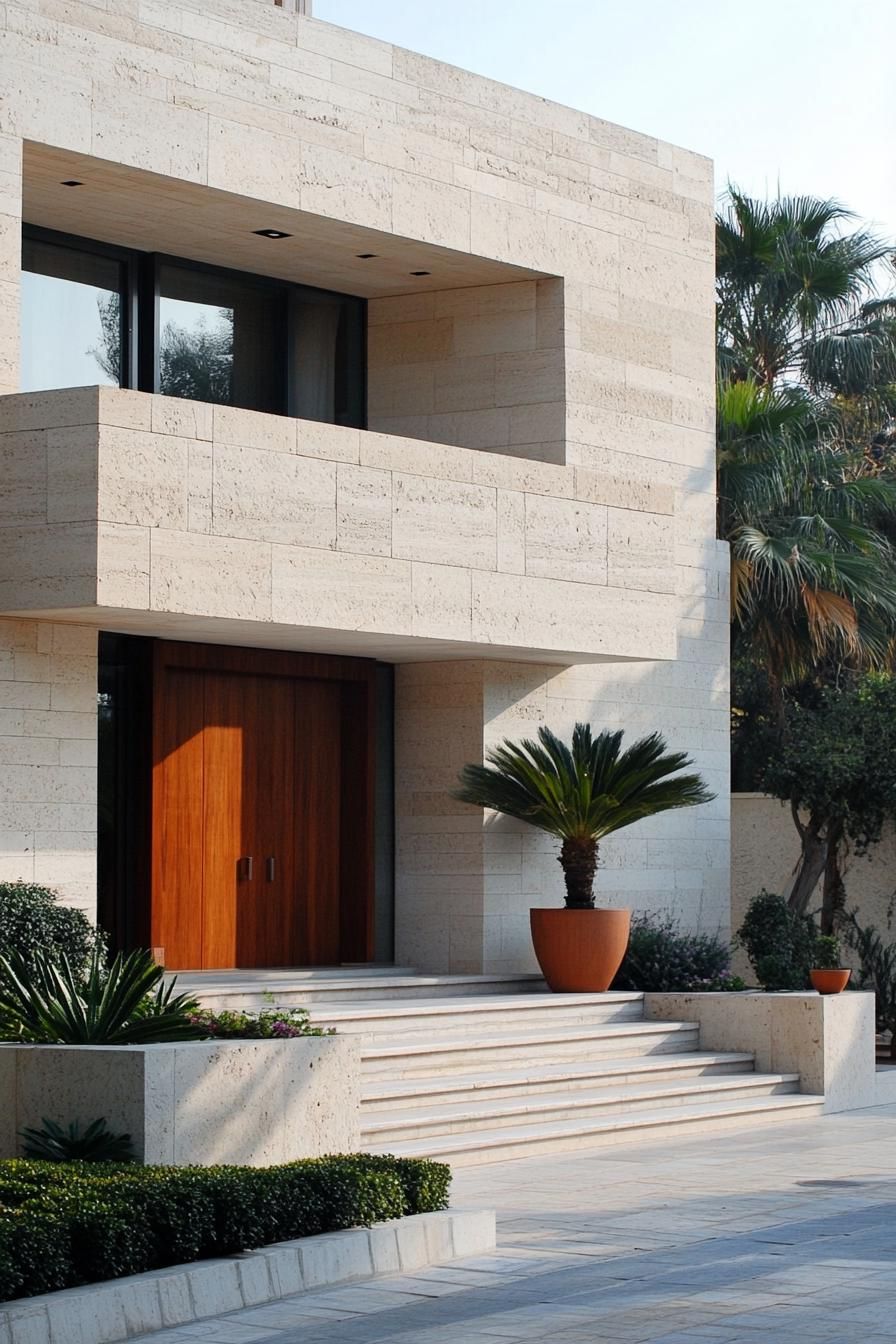 Modern house with stone cladding and wooden door