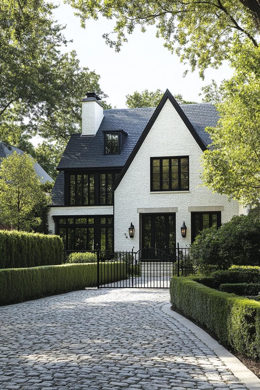 Modern Tudor house with lush greenery and a cobblestone path