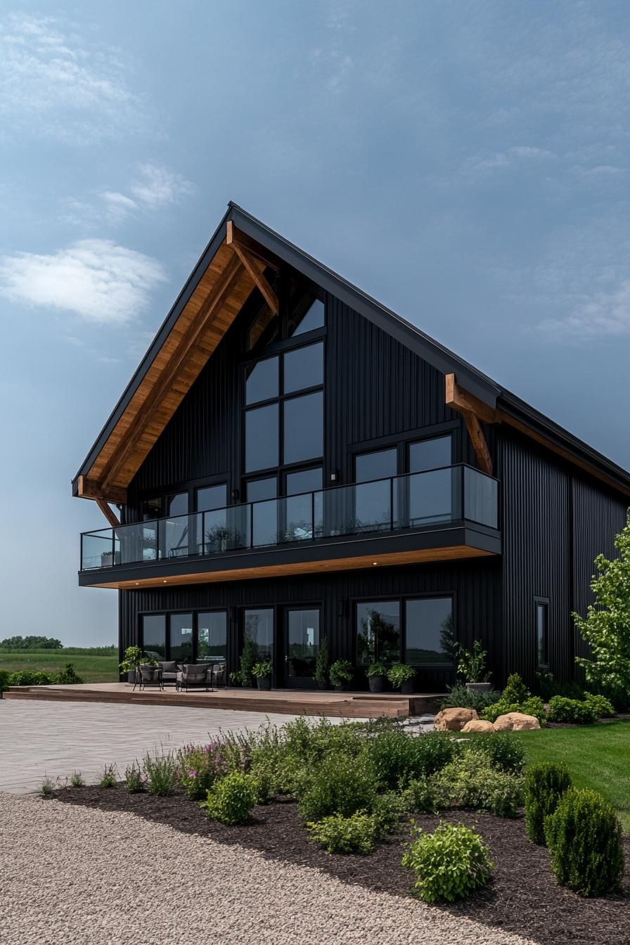 Contemporary barn-style house with large glass windows and a landscaped garden